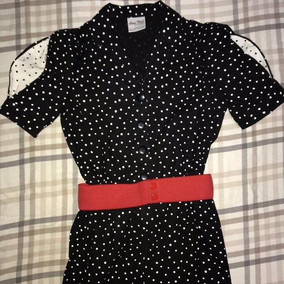 Vintage Black Polka Dot Romper with red belt - Picture 1 of 4